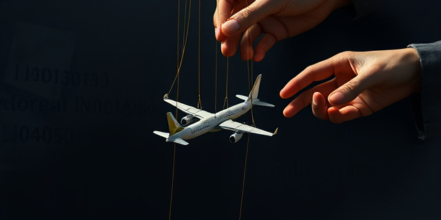 Imagen conceptual: Un títere con hilos dorados, manipulado por una mano invisible. El títere representa una aerolínea en miniatura. Fondo oscuro y sombrío, con reflejos de billetes arrugados. Estilo pictórico, expresionista, con pinceladas gruesas y colores contrastantes.