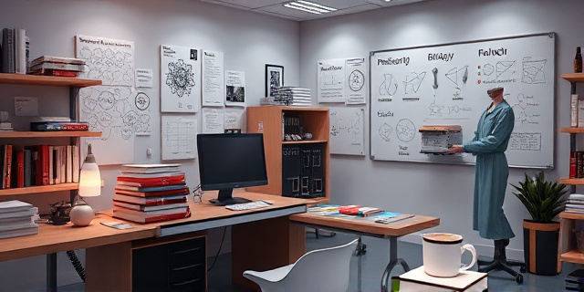 Un laboratorio de investigación futurista, con una mesa de trabajo llena de libros de filosofía y biología, una pizarra con ecuaciones y diagramas de células, un computador de última generación, una taza de café humeante y una lámpara tenue que crea sombras de moléculas y circuitos sobre las paredes.