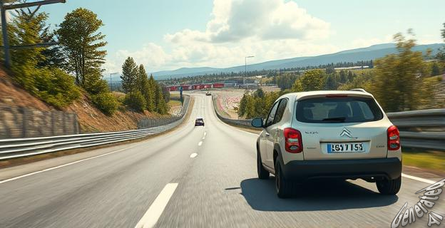 Un joven conduce su Citroën C15 por una carretera europea hacia un circuito de carreras famoso