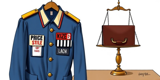 Una ilustración conceptual y satírica. Un uniforme de gala de la Guardia Civil colgado en un perchero, pero en lugar de insignias militares, tiene etiquetas de precios y nombres de cargos políticos pegados con cinta adhesiva. De fondo, una balanza de la justicia desequilibrada donde un maletín de cuero pesa más que un libro de leyes. Estilo editorial de periódico, colores sobrios con contrastes fuertes.