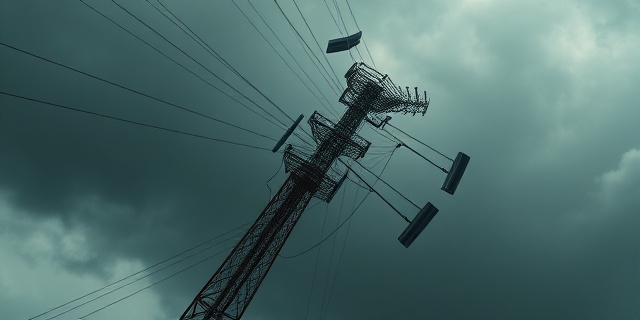 Una imagen abstracta que represente una torre de telecomunicaciones desmoronándose, con cables rotos y un cielo tormentoso. Colores oscuros y grises. Estilo pictórico, con pinceladas gruesas que transmitan inestabilidad y caída. Sin elementos identificativos de lugares o personas.