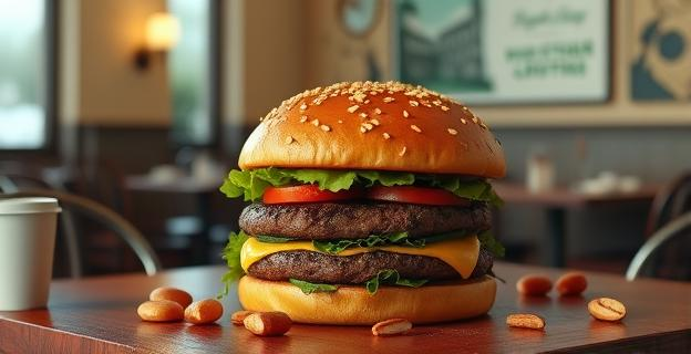 Una hamburguesa grande y una mesa con restos de comida en un restaurante, con una silla vacía y un ambiente de preocupación