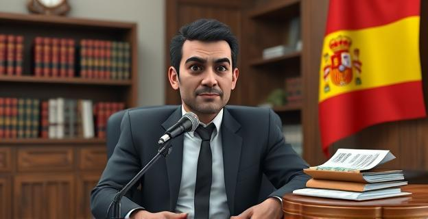 Un hombre sentado en una sala de entrevistas con un micrófono delante, con una expresión seria. Al fondo, una bandera de España y una estantería con libros de derecho. En una mesa auxiliar, documentos y un sobre marrón con dinero en efectivo.