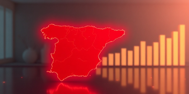 Un mapa estilizado de España con líneas rojas ascendentes que se desvanecen, iluminado por luces naranjas que representan la caída de la inversión extranjera; en el fondo, un gráfico de barras descendente sobre un fondo tenue y moderno.