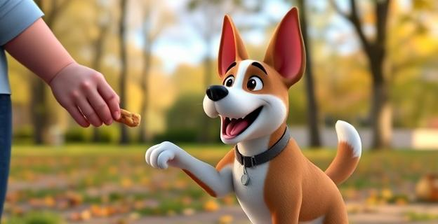 Imagen de un perro siendo llamado por su dueño en un parque, con expresión alegre y moviendo la cola, mientras recibe un premio