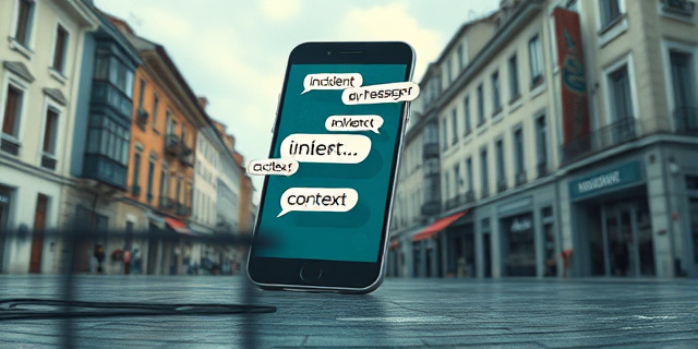 Una ilustración conceptual y satírica. Un teléfono inteligente gigante en el centro de una plaza de pueblo navarra. De la pantalla del teléfono salen burbujas de chat de WhatsApp que contienen palabras como 