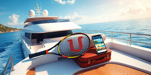 Una ilustración conceptual y satírica. Un yate de lujo navegando en el Mediterráneo. En la cubierta, una raqueta de tenis de alta gama apoyada contra una maleta de viaje glamurosa y un teléfono móvil mostrando un perfil de Instagram con playas paradisíacas. Estilo editorial moderno, colores vibrantes de verano, atmósfera de opulencia y contraste social.