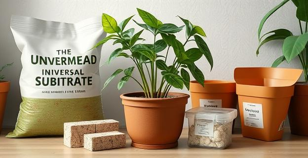 Una maceta con plantas de interior sanas y fuertes, rodeada de ingredientes para preparar un sustrato casero, como bolsas de sustrato universal, ladrillos de fibra de coco, recipientes con humus de lombriz, perlita y vermiculita, y corteza de pino