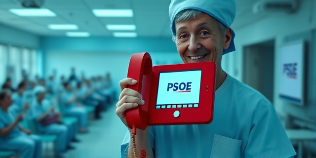 
  Una escena surrealista en un hospital andaluz: una telefonista con uniforme del SAS sostiene un teléfono rojo con una sonrisa forzada, pero su pantalla muestra el logo del PSOE en lugar del escudo de la Junta. Al fondo, una sala de espera llena de pacientes con carteles de ‘urgente’ y ‘citación pendiente’, mientras un altavoz difunde el audio del PSOE. La luz es fría y azulada, como en una oficina de campaña, pero los pacientes llevan batas del hospital. En primer plano, un anciano confunde el auricular con un teléfono médico real. Estilo: fotografía documental con toques de distopía política, colores desaturados y sombras exageradas para enfatizar la falsedad.