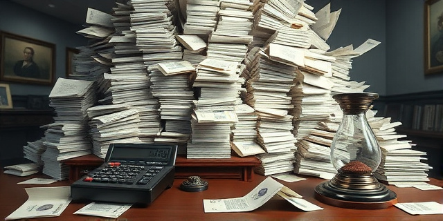 Una ilustración conceptual y satírica que muestra una montaña gigante de formularios oficiales de papel desbordando un escritorio pequeño y antiguo. Al lado, una calculadora rota y un fajo de billetes de euros volando hacia un reloj de arena que se agota. Estilo editorial de periódico, colores sobrios con contrastes fuertes, atmósfera de caos burocrático.
