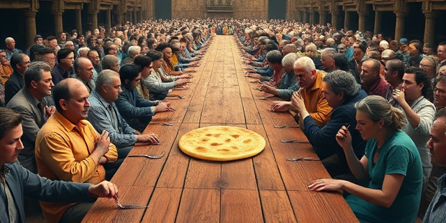 Una ilustración conceptual y satírica. Una mesa larga de madera rústica con una tortilla española pequeña en el centro. Alrededor de la mesa, una multitud inmensa de personas con ropa de trabajo diversa intentando comer con tenedores diminutos. Estilo editorial de revista, colores contrastados, atmósfera de ironía social, sin rostros definidos.