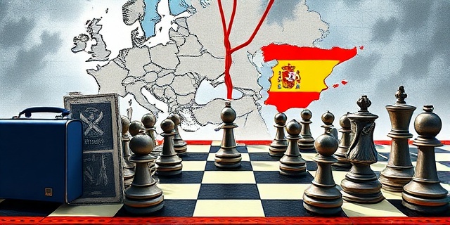 Una ilustración satírica de estilo editorial. Un tablero de ajedrez donde las piezas son maletines y sellos judiciales. De fondo, un mapa de Europa y España conectado por un hilo rojo tenso a punto de romperse. Colores contrastados, atmósfera de tensión burocrática, sin rostros humanos definidos.