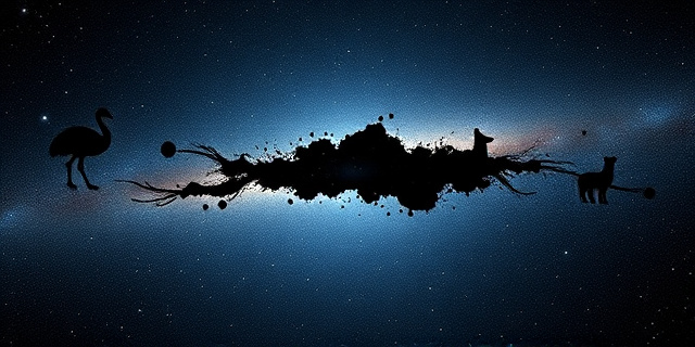 Una ilustración conceptual y artística de la Vía Láctea vista desde la Tierra. El centro de la imagen muestra una franja brillante de estrellas dividida por una gran y orgánica mancha de polvo oscuro que parece tinta negra derramada. En un lado, la silueta sutil de un emú y una llama integradas en las estrellas. Estilo cinematográfico, colores profundos, contrastes marcados entre el negro absoluto y el blanco estelar, sin rostros humanos.