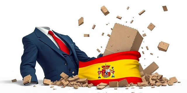 Una ilustración conceptual y satírica. Un elegante traje de presidente vacío y desmoronándose como si fuera de cartón, mientras una bandera española vibrante y real emerge con fuerza desde debajo de los restos. Estilo de caricatura editorial de periódico, colores contrastados, fondo neutro.