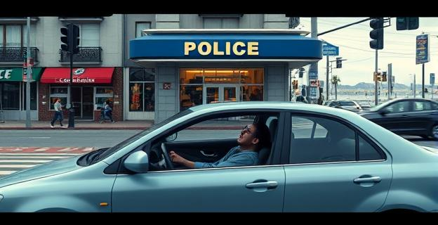 Imagen de un coche mal estacionado frente a una comisaría de policía con un joven dormido dentro, en una avenida concurrida de una ciudad costera