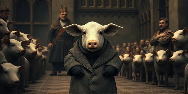 Una ilustración conceptual al estilo de grabado medieval oscuro. Se muestra una cerda vestida con ropa humana antigua (chaqueta y guantes blancos) frente a un tribunal judicial gótico. Al fondo, un vizconde con expresión severa y una multitud de campesinos con sus propios cerdos observando la escena. Atmósfera sombría, colores sepia y texturas de pergamino viejo.