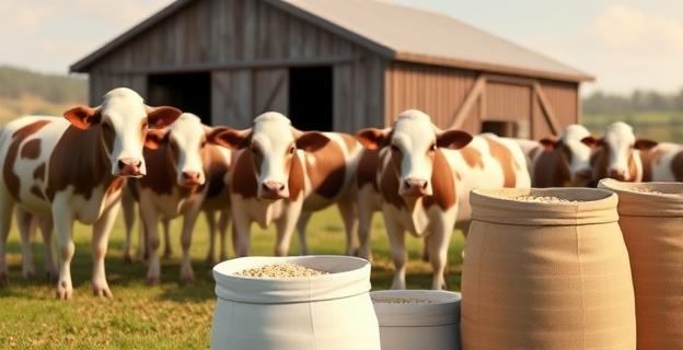 Imagen de una granja con vacas lecheras en un entorno rural, con un granero al fondo y sacos de pienso en primer plano