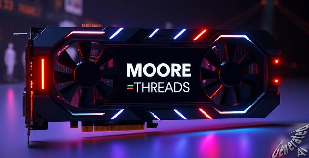 Una imagen de una tarjeta gráfica con un diseño futurista y luces LED, con el logotipo de Moore Threads en el centro.