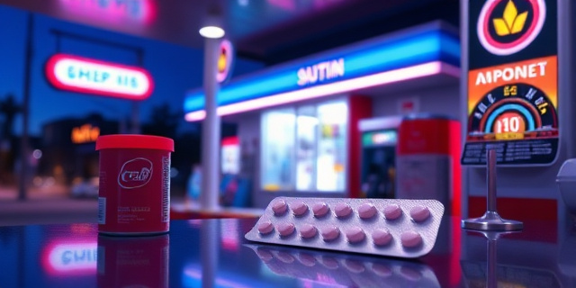 Una ilustración conceptual y satírica que muestra un mostrador de una gasolinera nocturna iluminada con luces de neón. En el mostrador, junto a caramelos y bebidas energéticas, se ve un blíster de pastillas genérico con un diseño minimalista. El estilo es de arte editorial moderno, con colores contrastados y un aire de crítica social, evitando rostros humanos definidos.
