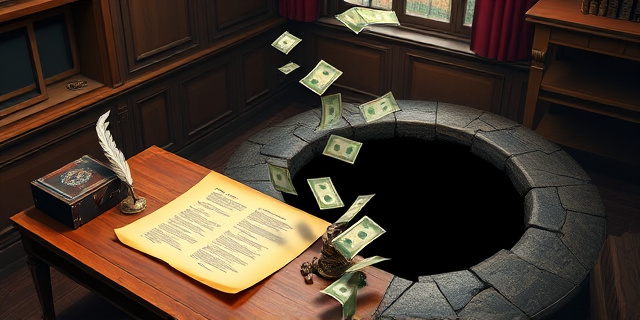 Una ilustración conceptual y satírica. Un escritorio antiguo de madera con un testamento amarillento y una pluma, donde el papel se transforma mágicamente en un fajo de billetes modernos que caen dentro de un agujero negro con el logo de una constructora. Estilo editorial de revista, colores contrastados, atmósfera de oficina gubernamental antigua.