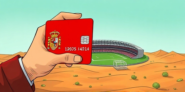 Una ilustración satírica donde una mano con el escudo de España sostiene una tarjeta de crédito gigante que alimenta una maqueta lujosa de un estadio de fútbol en el desierto marroquí, estilo caricatura editorial de periódico, colores contrastados, atmósfera de ironía política.