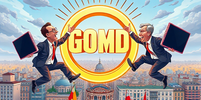 Una ilustración satírica de estilo editorial. Dos ejecutivos de televisión peleando por un gran círculo dorado brillante que parece un juego de palabras, mientras el círculo flota sobre la ciudad de Madrid. Estilo de caricatura moderna, colores vibrantes, atmósfera de caos corporativo.