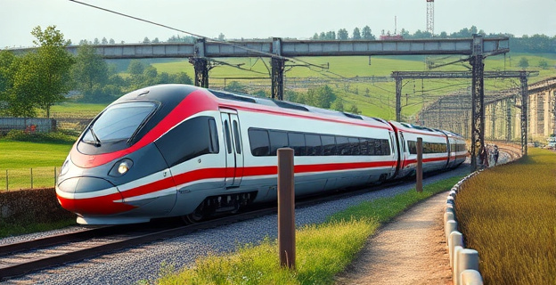 Imagen de un tren de alta velocidad descarrilado en una zona rural, con restos de obras de construcción en el fondo y personal de emergencias atendiendo a víctimas