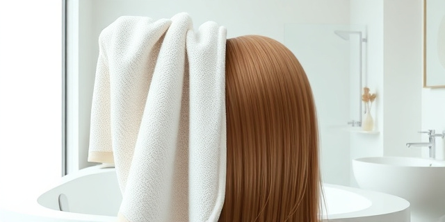 Una ilustración conceptual y satírica que muestra una toalla de baño gigante y áspera actuando como una lija sobre una hebra de cabello estilizada y brillante. El fondo es un baño moderno y minimalista. Estilo artístico de editorial de revista de alta gama, con colores contrastados y un enfoque surrealista en la textura del tejido frente a la fragilidad del cabello.