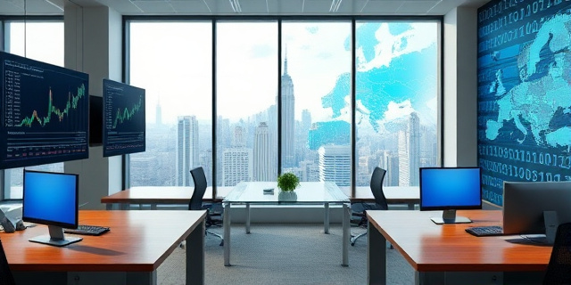 Una oficina moderna con pantallas que muestran gráficos de datos y mapas de Europa, mesas de madera clara y una gran ventana con vista a la ciudad. Al fondo, un mural de líneas y códigos binarios que simbolizan la inteligencia artificial y la desinformación.