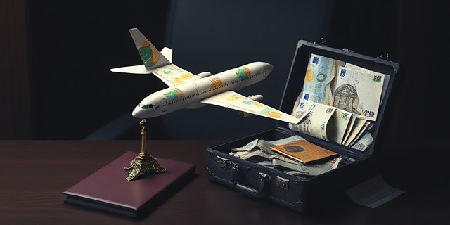 Una ilustración conceptual y satírica. Un avión de lujo hecho de billetes de euro aterrizando sobre un escritorio gubernamental oscuro. Al lado, una maleta abierta llena de billetes y un pasaporte dorado. Estilo editorial de revista política, colores contrastados, sombras dramáticas, sin rostros humanos reconocibles.