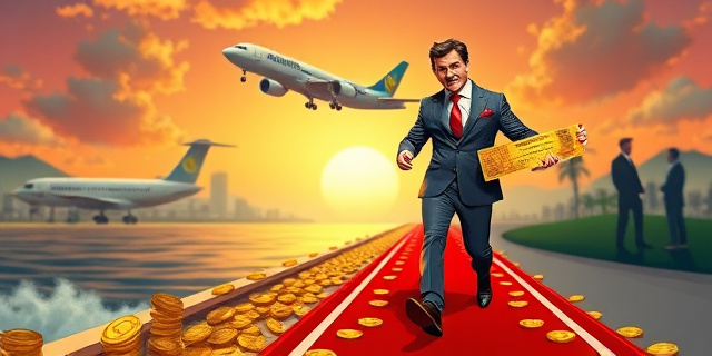 Una ilustración satírica de estilo editorial. Un hombre con traje elegante y sonrisa arrogante sostiene un billete de avión dorado mientras camina sobre una alfombra roja que se convierte en un flujo de monedas de oro. Al fondo, un avión comercial despegando hacia una ciudad tropical, con el logo de una empresa de seguros difuminado y sombras de figuras políticas en el horizonte. Colores vibrantes, contraste alto, estilo caricatura política de periódico serio.