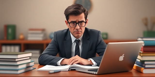 Un hombre con gafas y traje, sentado en una mesa con una laptop y una carpeta, rodeado de libros y papeles, con una expresión de preocupación en su rostro