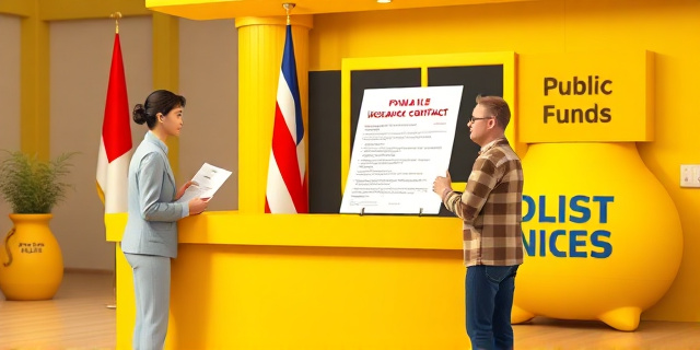 Una ilustración conceptual satírica. Un mostrador de correos amarillo brillante donde un empleado ofrece un contrato de seguro médico privado con un logo corporativo genérico a una persona con aspecto cansado y papeles de inmigración en la mano. Al fondo, una bandera nacional y un saco de dinero con el sello de 