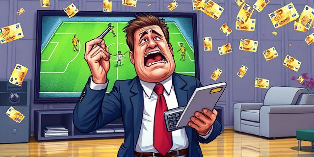 Una ilustración satírica de un ejecutivo de oficina con traje, luciendo una expresión de pánico y sudando frío, mientras sostiene una calculadora rota. De fondo, una pantalla de televisión gigante muestra un gol de fútbol y una lluvia de billetes de euros que se transforman en vales de descuento y sofás. Estilo editorial moderno, colores vibrantes, atmósfera de caos financiero cómico.