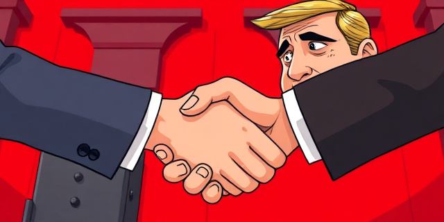 Una ilustración satírica de estilo editorial. Un primer plano de dos manos estrechándose formalmente sobre un fondo rojo institucional, pero el enfoque está en la tensión del gesto. Una de las personas mira fijamente hacia el vacío con expresión gélida, mientras la otra mantiene una sonrisa política forzada. Estilo de dibujo de prensa, trazos fuertes, colores contrastados y atmósfera de incomodidad social.