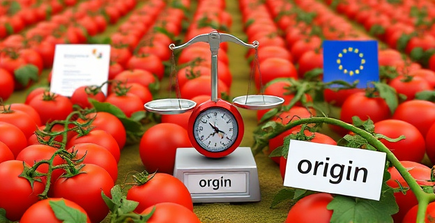 Imagen de un campo de tomates con una balanza en el centro, comparando un tomate español con uno marroquí, con un fondo de documentos de la UE y una etiqueta de 