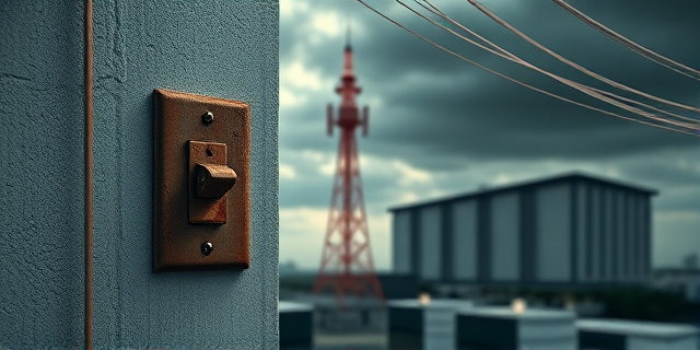 Una ilustración conceptual y satírica. Un interruptor eléctrico antiguo y oxidado en una pared de hormigón gris; al accionar el interruptor, se apaga una torre de telecomunicaciones estilizada que tiene la forma de un dragón digital rojo. Al fondo, una silueta borrosa de un edificio de congresos moderno bajo un cielo tormentoso, con cables de fibra óptica cortados que parecen hilos de seda.