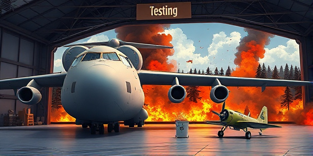 Una ilustración satírica que muestra un avión de transporte militar gigante estacionado en un hangar con un cartel de 