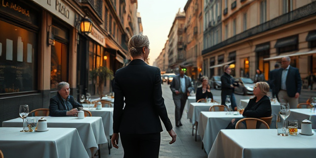 Una cafetería de Madrid al anochecer, mesas con manteles blancos, una mujer de traje negro y pelo recogido camina entre ellas, un periodista con cámara en mano, dos mujeres a su alrededor, sin policías visibles, luz tenue y sombras alargadas sobre las calles.