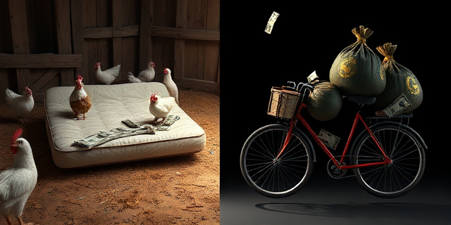 Una ilustración conceptual y satírica que muestra un contraste dividido: a la izquierda, un colchón viejo y sucio en un establo con gallinas y conejos; a la derecha, una bicicleta cargada con bolsas de dinero y ropa de lujo flotando sobre un fondo oscuro. Estilo editorial, colores contrastados, atmósfera de ironía social.