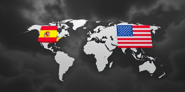 Un mapa del mundo con dos figuras enfrentadas, una con la bandera de España y la otra con la bandera de Estados Unidos, en un fondo de nubes oscuras