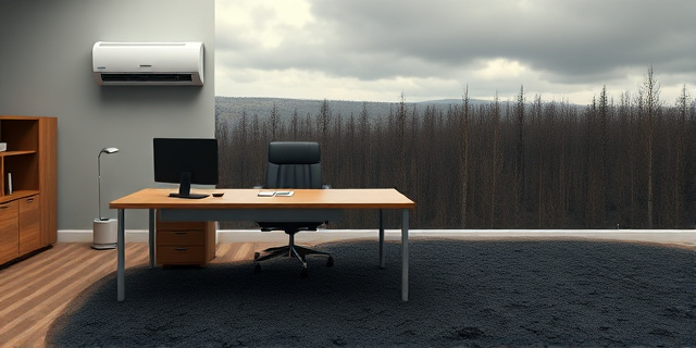 Una imagen conceptual y satírica: un escritorio de oficina moderno y lujoso con un aire acondicionado encendido, donde la mitad de la mesa se transforma gradualmente en un suelo de bosque calcinado, negro y ceniciento. Al fondo, un bosque quemado bajo un cielo gris, contrastando la frialdad burocrática con la crudeza de la tierra arrasada.