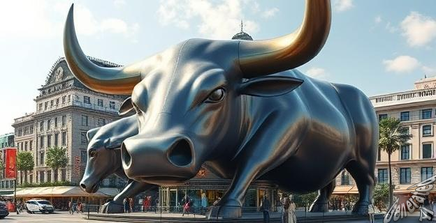 Un toro metálico gigante de 300 metros de altura con miradores panorámicos en los cuernos y una zona comercial a sus pies, en un entorno turístico con alta afluencia.