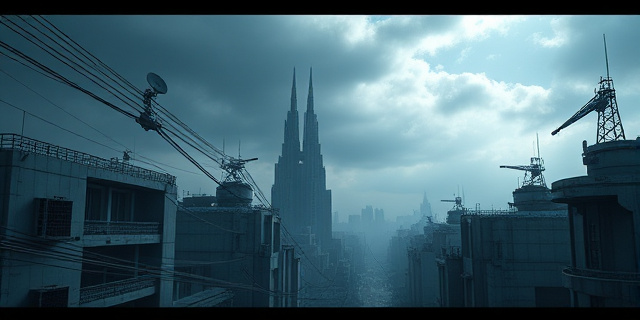 Una ciudad futurista, con arquitectura brutalista y un ambiente gélido y opresivo. Tonos grises y azules dominantes. Cables, antenas parabólicas y siluetas de edificios imponentes. Un cielo nublado y amenazante. Estilo artístico: realismo sombrío con toques de ciencia ficción.