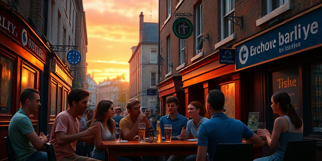 Una escena urbana en Dublín al atardecer, con un grupo de jóvenes en un pub, todos hablando irlandés mientras los letreros de los bares y la calle están bilingües. Al fondo, un mural que mezcla símbolos de la UE y de la cultura gaélica, sin rostros reconocibles, con colores vivos y un toque de grafiti.