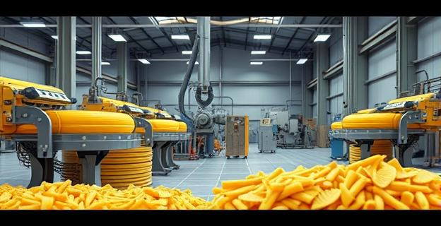 Fábrica de pasta en venta con maquinaria industrial y paquetes de pasta fresca en una nave industrial