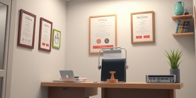 Un despacho médico con carteles de diplomas y una balanza sobre un escritorio, estilo urbano, sin caras, colores neutros, ambiente de oficina de salud