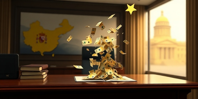 Una ilustración conceptual y satírica. Un escritorio de oficina gubernamental lujoso donde un contrato oficial se transforma en una cascada de billetes de euros que caen en un maletín dorado. Al fondo, una sombra difusa de un mapa de China y la silueta de un edificio institucional español, estilo editorial de periódico, colores sobrios con contrastes dorados, atmósfera de ironía burocrática.