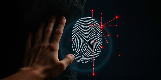 Una ilustración conceptual y artística de una mano humana prehistórica tocando la pared de una cueva oscura. De la huella dactilar emergen hebras brillantes de ADN que se transforman en constelaciones y figuras geométricas rojas (triángulos, puntos), fusionando la arqueología con la genética moderna. Estilo cinematográfico, iluminación dramática de antorcha, atmósfera mística.