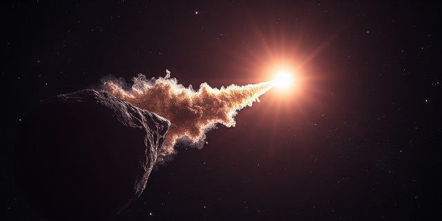 Una representación artística de un cometa antiguo y oscuro viajando por la profundidad del espacio, con una cola de gas brillante y cristales de hielo, contrastando con una estrella joven y brillante al fondo. Estilo cinematográfico, colores profundos, atmósfera de vacío cósmico y escala monumental.
